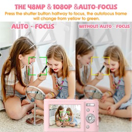 Digital Camera, Bofypoo Autofocus Kids Vlogging Camera FHD 1080P 48MP with 32GB Memory Card, 16X Zoom Point and Shoot Digital Camera, Compact Camera for Teens,Beginners Light Pink