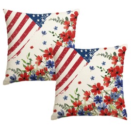 4th of July Patriotic Poppy Floral Throw Pillow Covers, 18 x 18 Inch Independence Day Memorial Day America Flag Stars Decor Cushion Case for Sofa Couch Set of 2