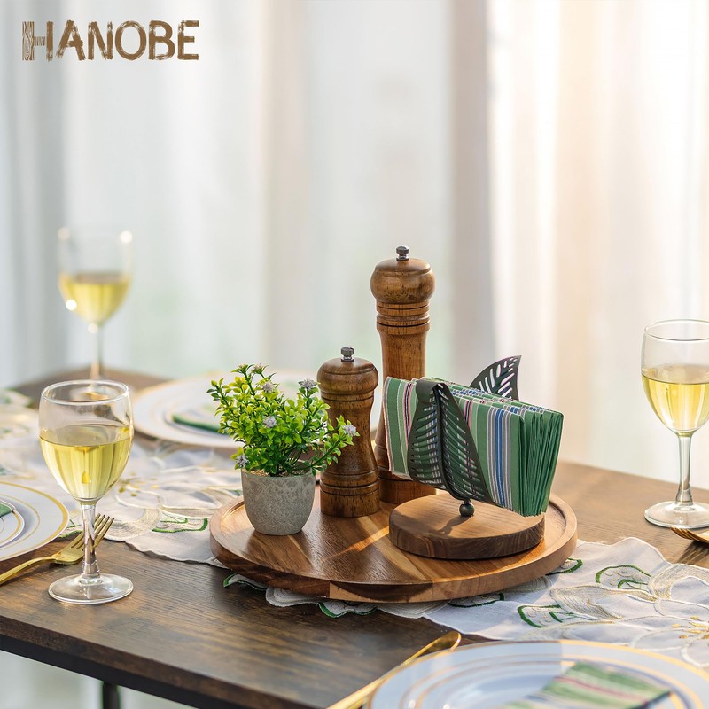 Hanobe Wood Tray Lazy Susan: Round Acacia Wooden Turntable Decorative