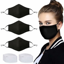 3 Pcs Unisex Fashion Cotton Cloth Dust Face Protection with Nose Bridge Reusable Washable Adjustable with 10 Pcs Replacement Carbon Filters for Man and Women(Black)