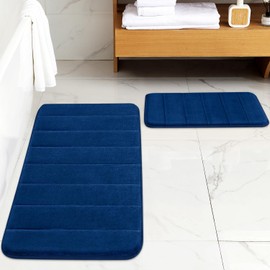 BYSURE Bathroom Rugs Sets 2 Piece, Memory Foam Non Slip Extra Soft Absorbent Machine Washable Toilet Bath Mats (Navy Blue, 17x24+20x32)
