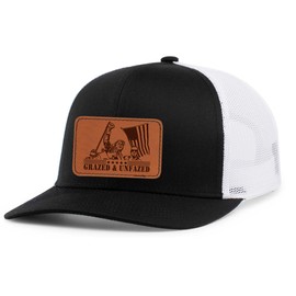 Trenz Shirt Company Mens Trump Grazed & Unfazed Leather Patch Mesh Back Trucker Hat-Black/White