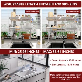 VNKZI Over Sink Dish Drainer Drying Rack, 3 Tier Full Stainless Steel Storage Adjustable Length (25.98'' to 36.61'') Kitchen Rack, Multifunctional Expandable Counter Organizer, Space Saver Dish Rack