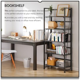 4NM No-Assembly Folding Bookshelf Storage Shelves 5 Tiers Vintage Bookcase Standing Racks Study Organizer Home Office (All Black)