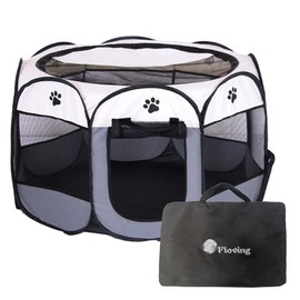 Floving Foldable Pet Playpen For Dogs, Octagonal/Circular, Tent/House/Cage, Compact, Outdoor/Indoor Use, Mesh, For Outings, Pet Supplies, Size L, 35.8 x 35.8 x 22.8 inches (91 x 91 x 58 cm), Gray