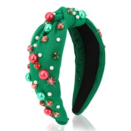 Uintoon Christmas Headband for Women Pearl Knotted Headband Sparkly Rhinestone Pearls Top Knotted Headbands Holiday Headbands Fashion Accessories Cute Green Hair Bands for Women Girls