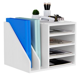 Senhoglb File Holder, Wooden Mail Organizer Countertop with Adjustable Compartments, Desktop File Organizer, Wood Desk Organizer Paper Sorter for Home, Office and School, Envelope Organizer, White