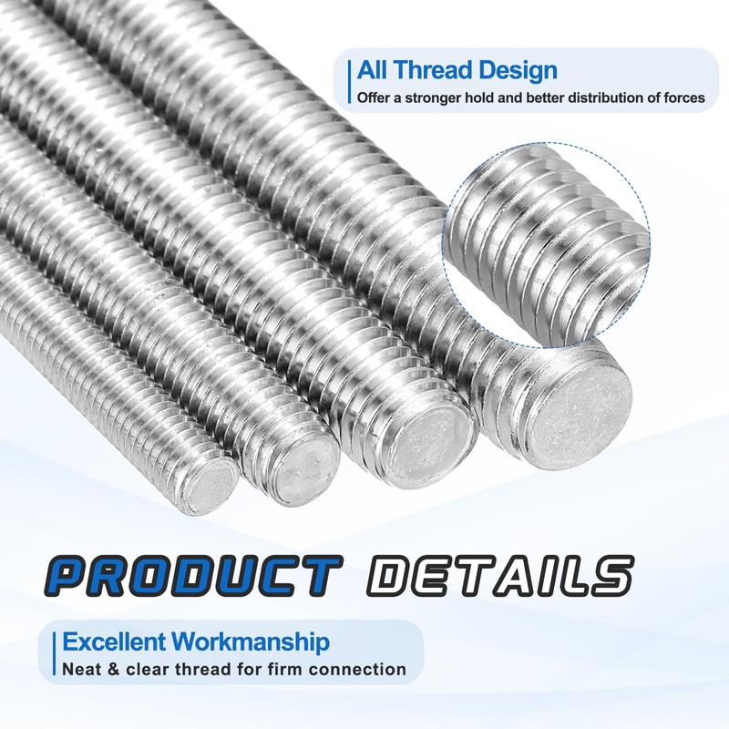 sourcing map 2Pack M10x70mm Fully Threaded Rod, 316 Stainless Steel