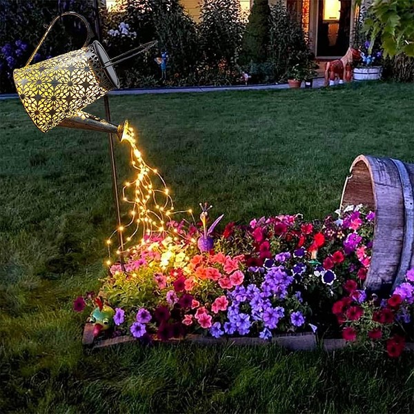 Vcdsoy Solar Watering can with Lights - Solar Lights Outdoor Garden Decorations Waterproof, Hanging Waterfall Fairy Lights Yard Gifts for Garden Table Patio Yard Pathway Walkway (with Shepherd Hook)