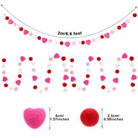 2 Pieces Valentine's Day Felt Ball Garlands Heart Ball Felt Banners Colorful Pom Pom Garlands Fluffy Valentine Heart Garlands for Valentine's Day Wedding Birthday Party Decoration, 60 Balls, 4 Colors