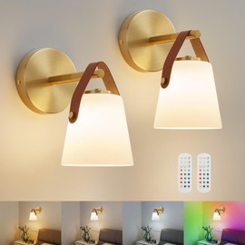 Weaboopre Gold Rechargeable Wall Sconces Set of Two, Wireless Battery Operated Wall Lights with Glass Lampshade Remote Control Dimmable Wall Lamp for Bedroom Living Room Bedside Fixture