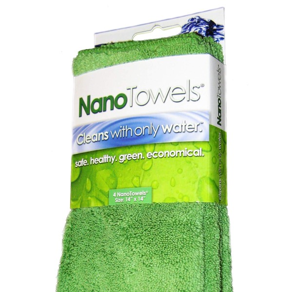 Nano Towels Cleaning Cloths - Cleans with Only Water - Wipes Away Dust, Spills & Grime Instantly Without Chemicals Paper Or Microfiber Supplies. Kitchen, Bathroom, Glass 14x14” 4-Pack Green