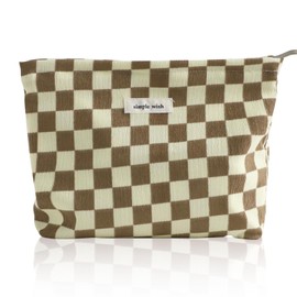 Wudygirl Checkered Makeup Bag Large Capacity Makeup Pouch Travel Cosmetic Pouch for Women Canvas Toiletry Bag Zipper Handbag Aesthetic (Khaki Checkered)