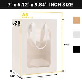 EUSOAR White Gift Bags with Handles, 20pcs 7"x5.12"x9.84" Tote Shopping Gift Bags with Transparent Window, Clear Bouquet Gift Bags With Handle for Gift Wrapping Festival Bridal Party Gifts