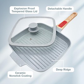 RANX INGST Nonstick Ceramic Griddle Pan with Lid, 10 Inch Steak Pan with Detachable Handle Induction Compatible, PFOA Free - Blue