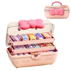 UEncounter 3-Layer Kids Hair Accessories Organizer with Bowknot Lock Cute Jewelry Box Headband Hair Tie Clip Organizer Box for Little Girls - Pink