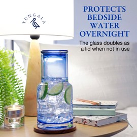 Bedside carafe and glass set, Ombre blue glass bedside carafe with glass that sits inside the carafe, drip free, modern design. 100% dishwasher safe.