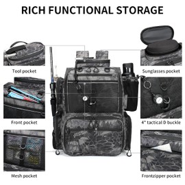 Rabjen Fishing Tackle Backpack with Rod Holders, Bottle Holder, Storage Bag Store Fishing Gear