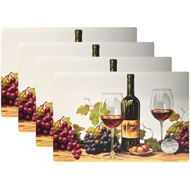 Set of 4 Sturdy Foam Backed Placemats Kitchen Table Decorator and Protection Easy Clean 12" X 18", Wine & Grapes