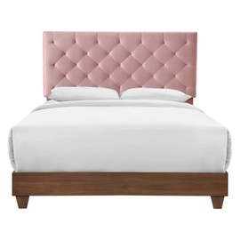 Modway Rhiannon Diamond Tufted Upholstered Performance Velvet Queen Bed, Walnut Dusty Rose