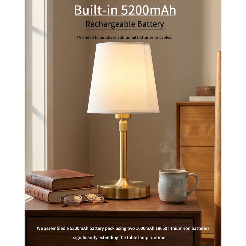 Cordless Table Lamp Rechargeable Touch Gold Mini Small Lamp Adjustable