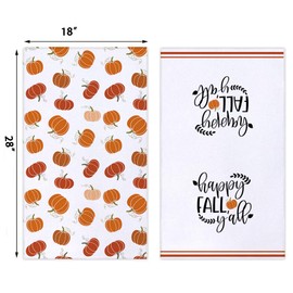Happy Fall Y'all Pumpkin Stripe Kitchen Dish Towel 18 x 28 Inch Autumn Harvest Thanksgiving Holiday Hand Towels Set of 2