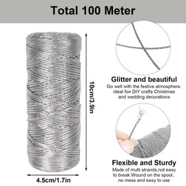 Metallic String for Craft 1 Roll, 100m Gold Twine String for Crafts, Gold Rope Cord, Crafting Cord, Twine Thread, 1.5mm Craft Wire, Non-Elastic Metallic String, for DIY Crafts, Gift Wrapping (Silver)