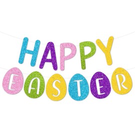 Totelux Happy Easter Banner Decorations Glitter Easter Eggs Sign Hanging Banner for Outdoor Home Easter Party Decor Supplies Blue Purple Pink Green Yellow