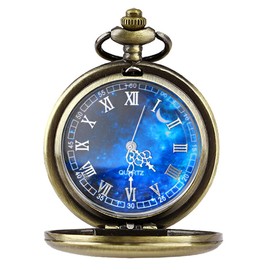 Tiong Bronze Pocket Watch Hollow Blue Starry Design Roman Numerals Vintage Quartz Pocket Watch with Chain Men's Pocket Watch