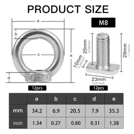 TXXATX Pack of 24 T-nut adapters, M8 x 25 mm, ring nut, 304 stainless steel eye bolt, silver hammer head screw with eyelet nut, eye nut for mounting roof rack, roof box, roof bike rack