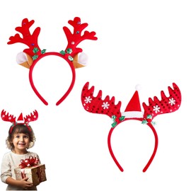 Pack of 2 Christmas Headbands, Christmas Reindeer/Elk Antlers Headbands, Christmas Decoration Headpiece, with Christmas Hats, Snowflake Headband, Children Adults for Christmas Party Hair Accessories
