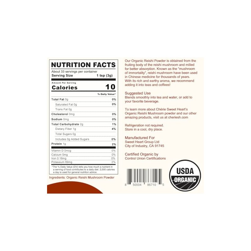 Cherie Sweet Heart Organic Reishi Mushroom Powder, 3.5 Oz, Immune