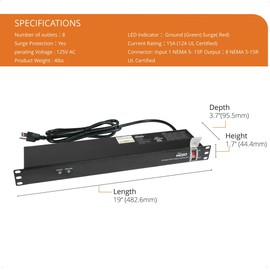 Tecmojo 1U Rack-Mount Horizontal 8-Outlet Power Strip UL Listed PDU with Surge Protection 6ft Cord Power Distribution for IT and Network Server Racks