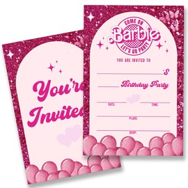 QZJ Pink Doll Birthday Party Invitations Supplies with Envelopes Set of 20 Girl Birthday Invites Fill in Blank, Double Sided