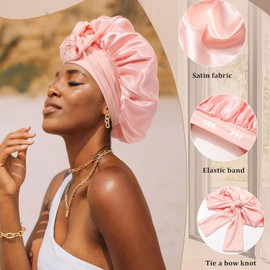 Gorro para Dormir,Gorro de Seda para Dormir Ajustable 2 Piezas,Gorro De Dormir Suave Satinado Reutilizable y Cómodo con Banda Elástica Ancha,Gorro De Seda para El Cuidado del Cabello Rizado (Polvo + plata)