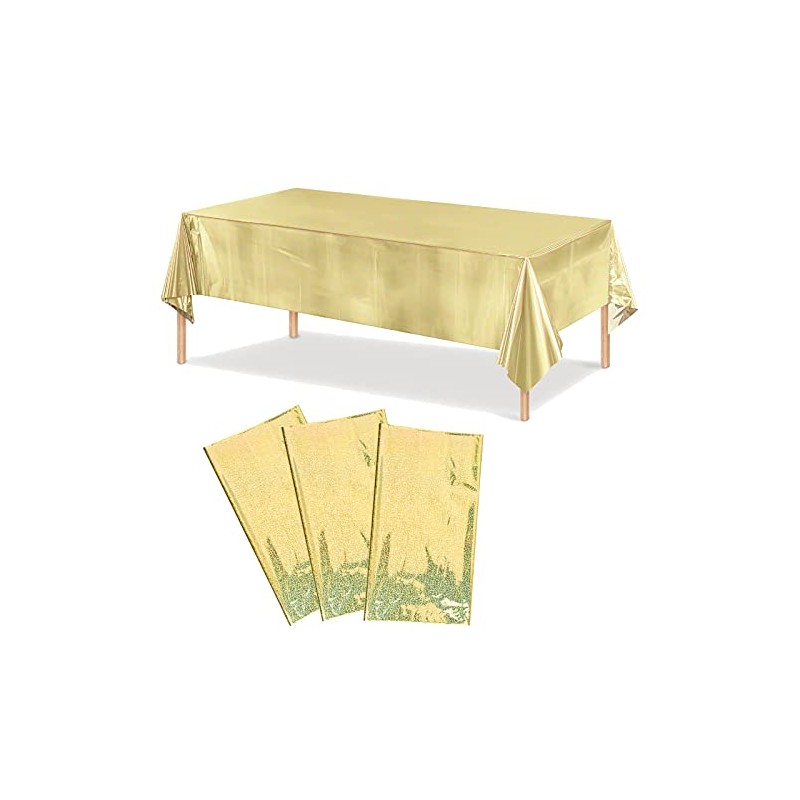 Morobor 3 Pack Gold Sequin Plastic Tablecloth, Glossy Disposable Rectangular