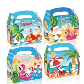 LOONELO Party Favor Candy Boxes for Christmas Festival in July – 12PCS Cardstock Gift Totes with Handles, Santa & Flamingo Treat Boxes for Tropical Hawaiian Beach Luau Holiday Party Decorations Supplies