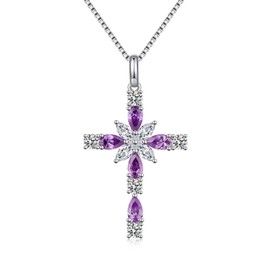 JiaYangJY Sterling Silver Cross Necklace for Women, February Amethyst Cubic Zirconia Double Cross Pendant Faith Jesus Christians Jewelry