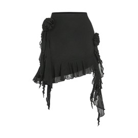 Verdusa Women's 3D Floral Tiered Layer Mesh mini Skirt Coquette Ruffle Hem Bodycon Short Skirts Black Large