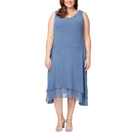 S.L. Fashions Women's Size Midi Length Beaded V-Neck Tiered Dress with Cascade Jacket, Wedgewood Plus, 18W