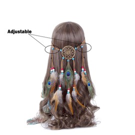 Hippie Headband Feather Dreamcatcher Headdress - AWAYTR Boho Feather Headwear Feather Headpiece Hippie Peacock Feather Festival Hair Band (Brown)