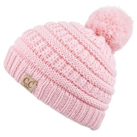 C.C Kids Beanie Ages 2-7 Warm Chunky Thick Stretchy Knit Slouch Beanie Skull Kids Hat with Pom (Pale Pink)