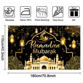Mocsicka Ramadan Mubarak Banner Backdrop for Muslim Ramadan Kareem Banner Eid al-Fitr and Eid al-Adha Ramadan Kareem Background for Photography (Black and Gold, 70.8x43.3 inch)