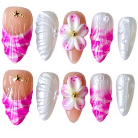 Handmade Press-on Nails, 3D Floral Design, Medium Almond Shape, Pink and Iridescent White, Reusable Acrylic False Nails,10 pieces (Rosary Dream, S)