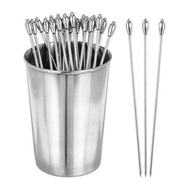 PATIKIL Stainless Steel Cocktail Toothpicks 4.4Inch, 24 Pack Cocktail Picks Reusable Cocktail Skewers with A Storage Cup for Family Gatherings Afternoon Tea Bars, Silver