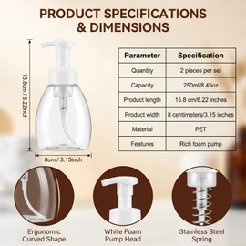 2 dispenser di sapone ovali vuoti da 250 ml, in plastica trasparente, con teste a pompa bianche, ricaricabili, per shampoo e schiuma, fai da te, per lavare le mani e il viso, flaconi