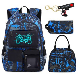 Fitvc School Backpack for Boys - 4pcs Gamer Boys Backpack with Lunch Box Set for Kids Teens Elementary Middle High School - 18" Large Capacity School Bookbag with Multiple Pockets