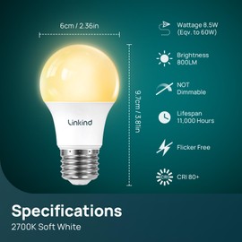 Linkind A19 LED Light Bulbs, 60W Equivalent, 8.5W Energy Efficient, 2700K Soft White Light Bulbs, 800 Lumens Non-Dimmable Bulbs, E26 Standard Base for Bedroom Home Office, 24 Packs