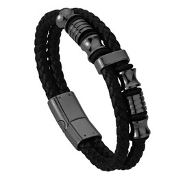 Hengbofeng Mens Bracelet,Gifts for Men,Double-Row Black Braided Leather With Black Stainless Steel Jewelry Bracelets,9-inch leather braided bracelet,For Dad,Friends,Brother,Sons