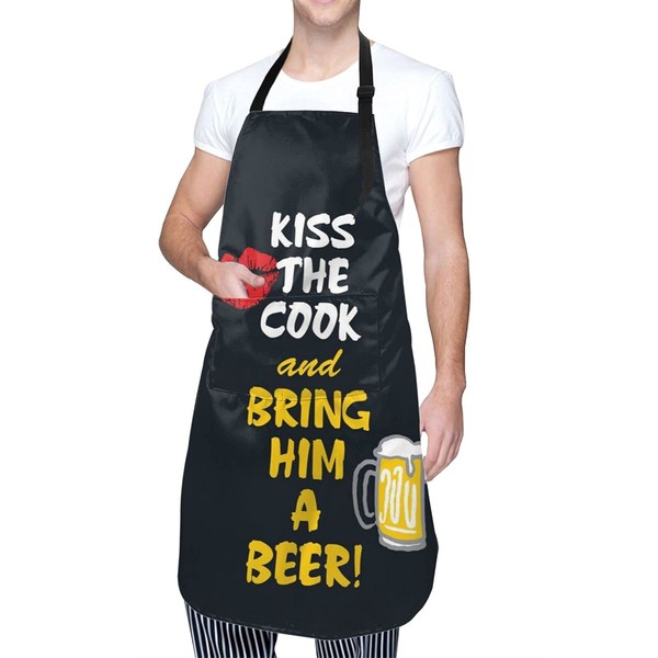 Funny Aprons for Men Women with 2 pockets, Neck Strap Adjustable - Kiss the Cook and Bring Him a Beer Apron for Chef Kitchen